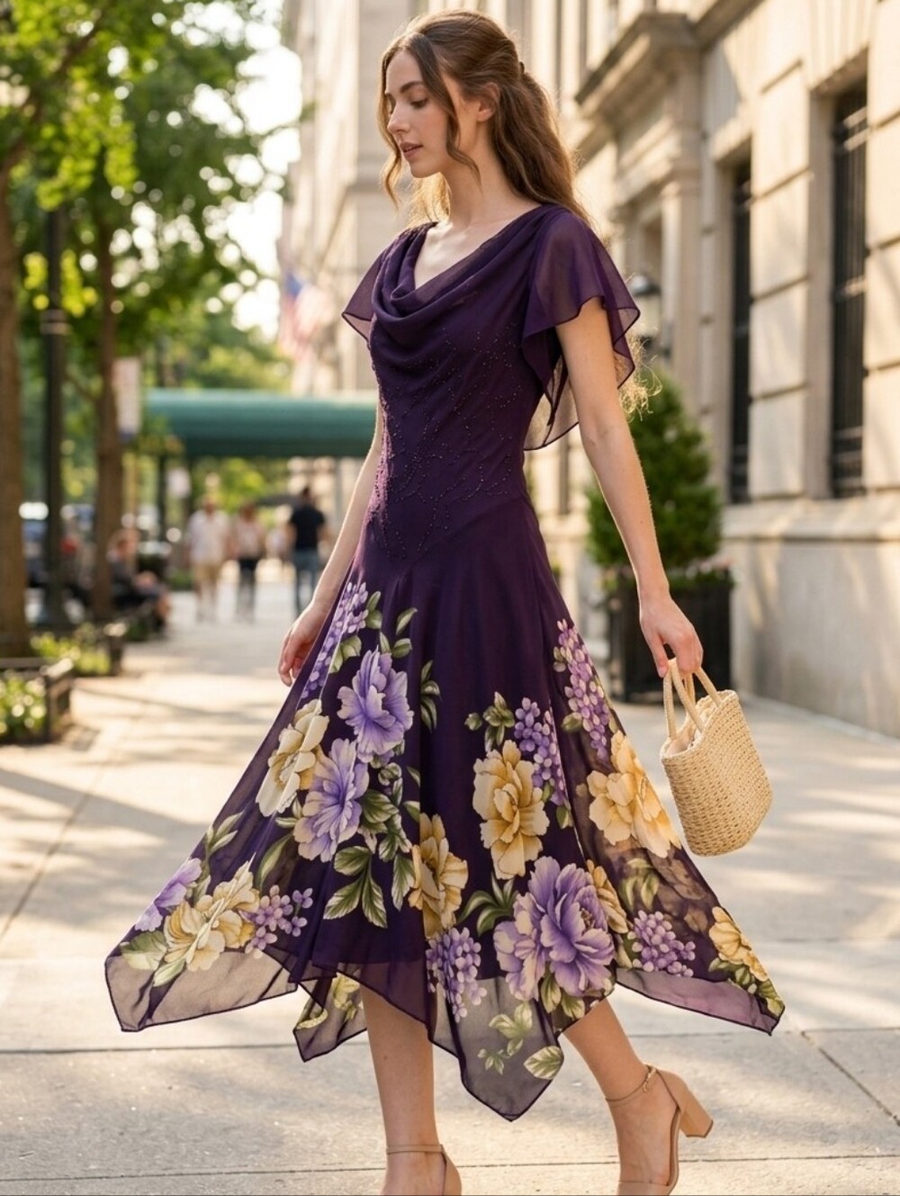 Vintage 90s Purple Floral Beaded Midi Dress Flutter Sleeve XS Read